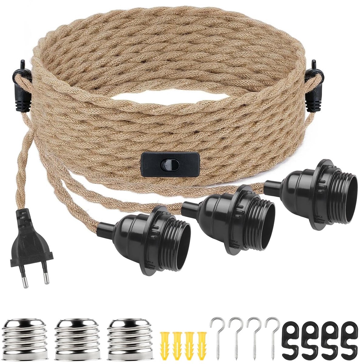 E27 Lamp Holder with Switch and Plug Fitting E27 with 9.4m Hemp Rope Cable for DIY Hanging Pendant Lamp Vintage Floor - ShopVlot