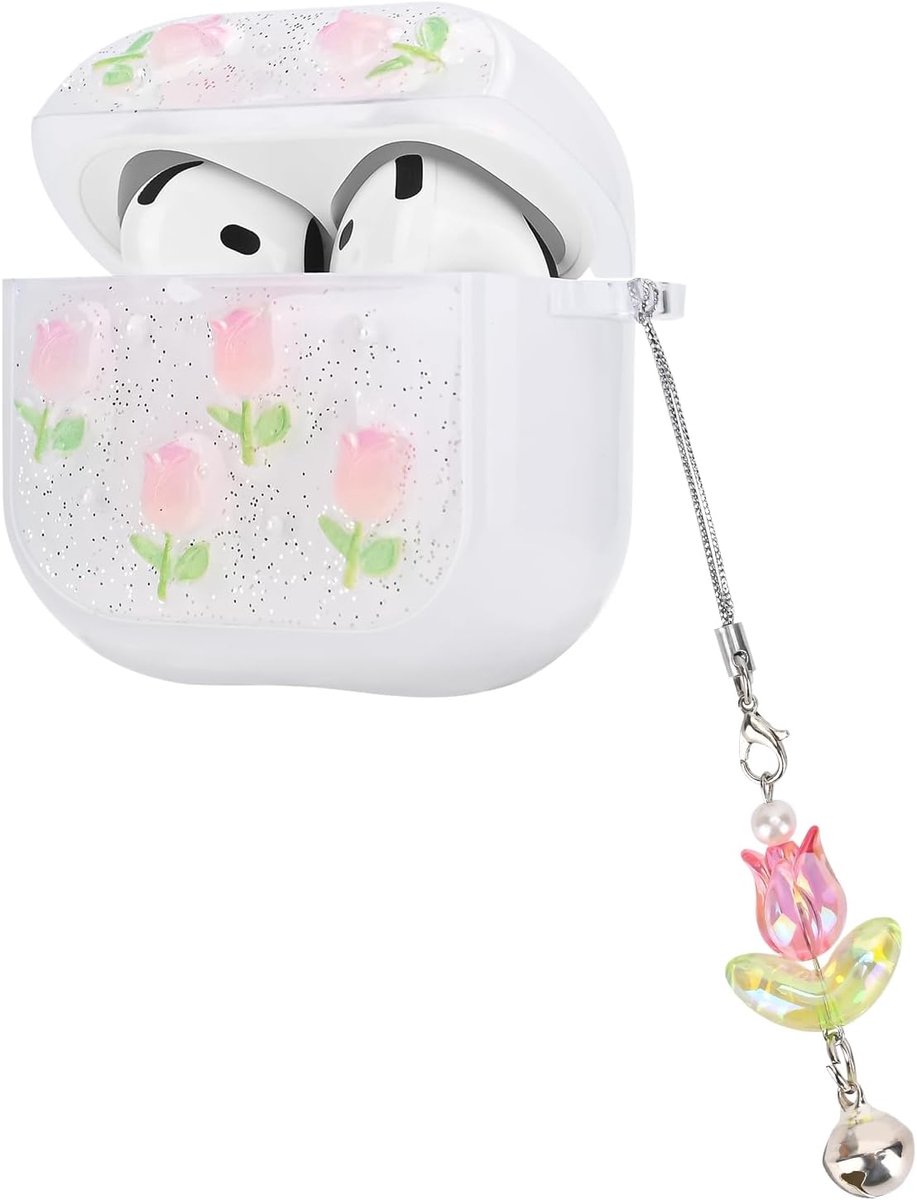Protective Case Compatible with AirPods 4 with Keychain, Transparent TPU Protective Case with Pink Tulip Pattern - ShopVlot