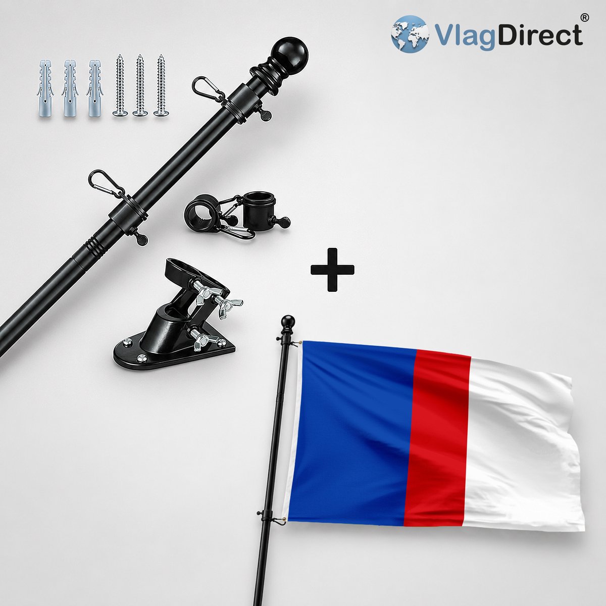 VlagDirect - Compleet vlaggenpakket - Zwarte vlaggenstok inclusief vlaggenstokhouder + Glabbeekse vlag - Gemeente Glabbeek vlag - 90 x 150 cm.