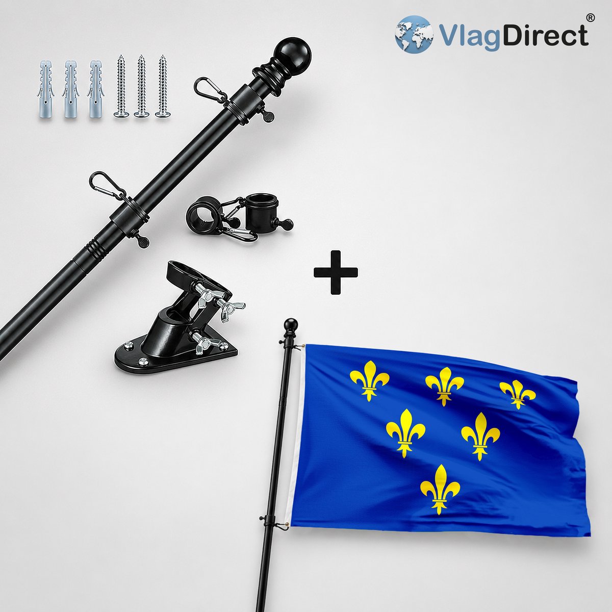VlagDirect - Compleet vlaggenpakket - Zwarte vlaggenstok inclusief vlaggenstokhouder + Gemeente Donceel vlag - 90 x 150 cm.