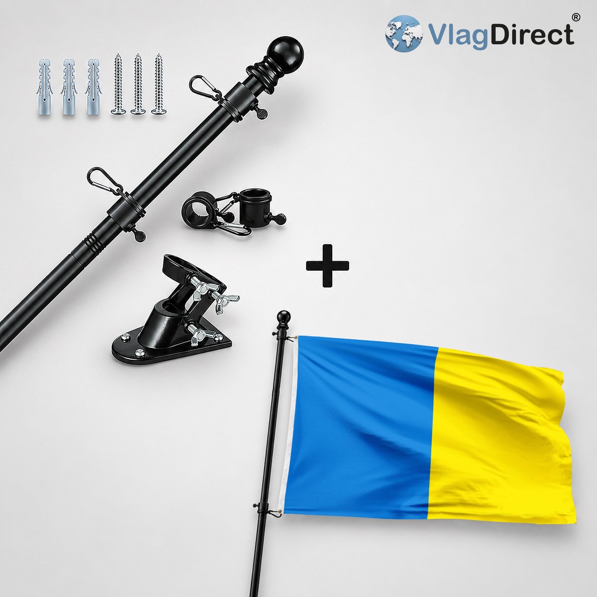 VlagDirect - Compleet vlaggenpakket - Zwarte vlaggenstok inclusief vlaggenstokhouder + Gemeente Temse vlag - 90 x 150 cm.