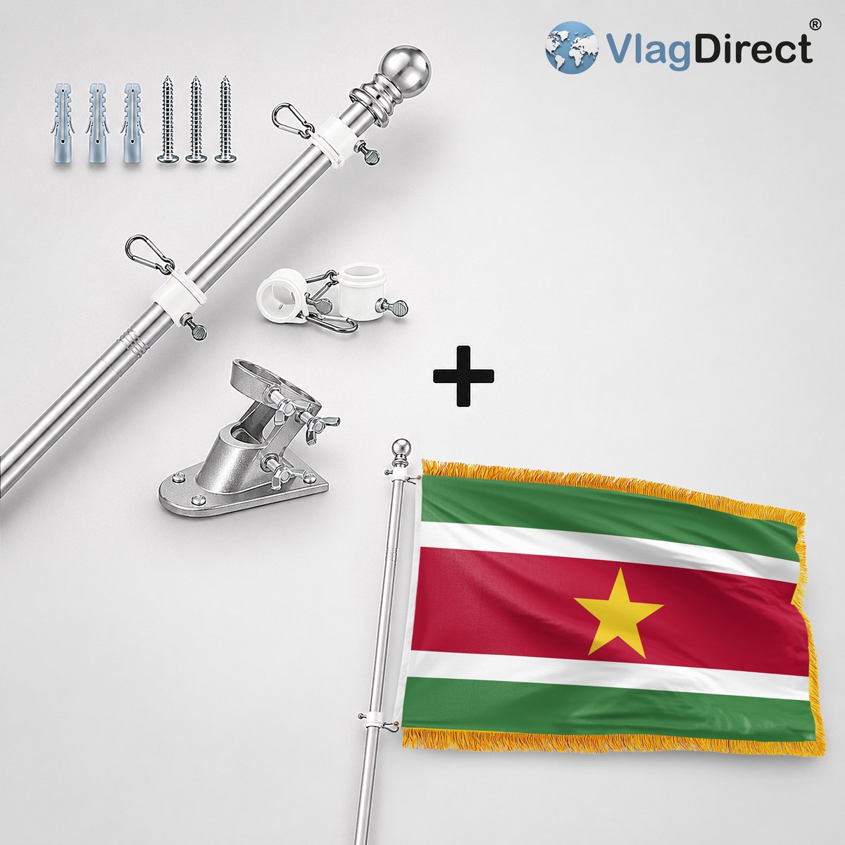 VlagDirect - Compleet vlaggenpakket - Zilveren vlaggenstok inclusief vlaggenstokhouder + Surinaamse vlag - Suriname vlag - 90 x 150 cm.