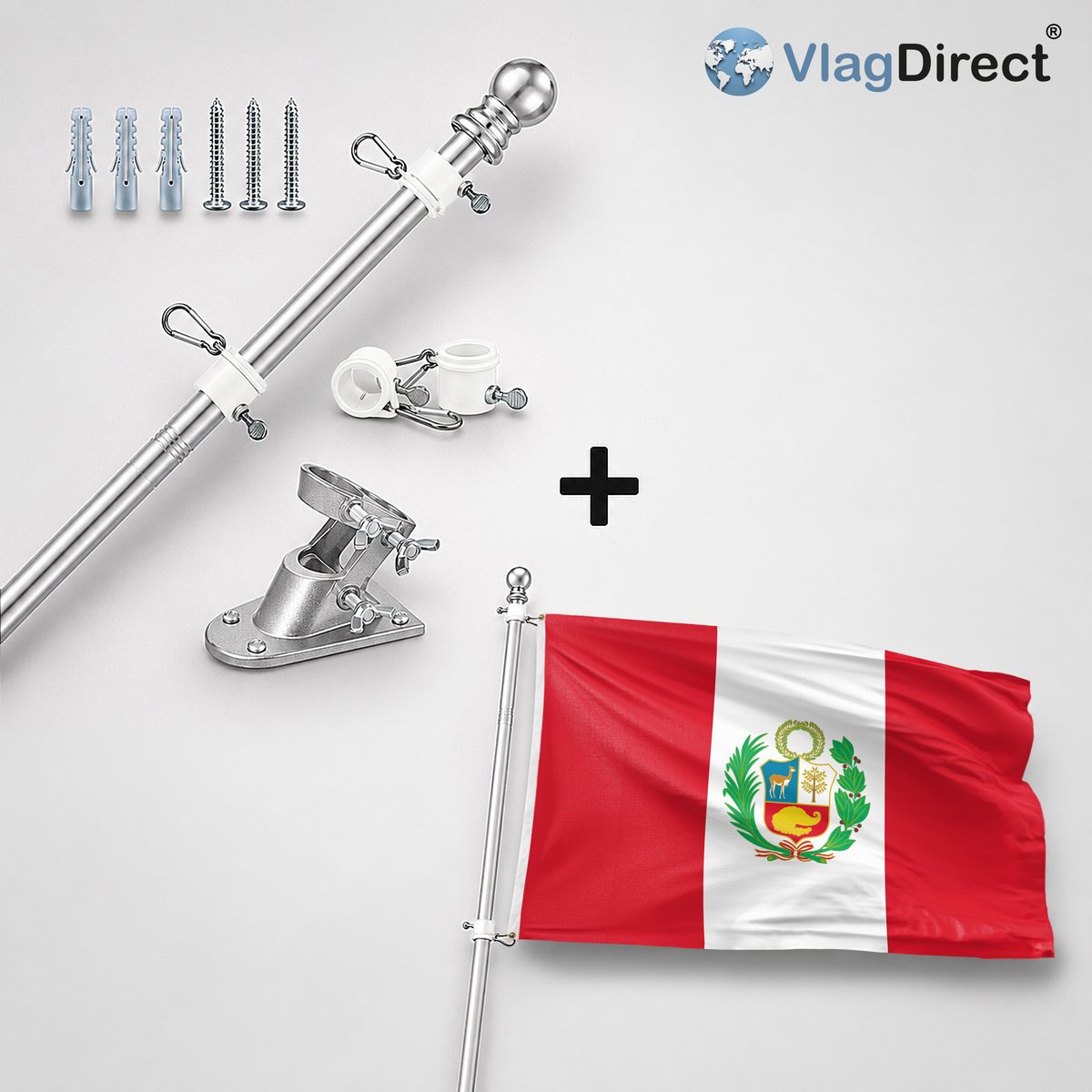 VlagDirect - Compleet vlaggenpakket - Zilveren vlaggenstok inclusief vlaggenstokhouder + Peruaanse vlag - Peru vlag - 90 x 150 cm