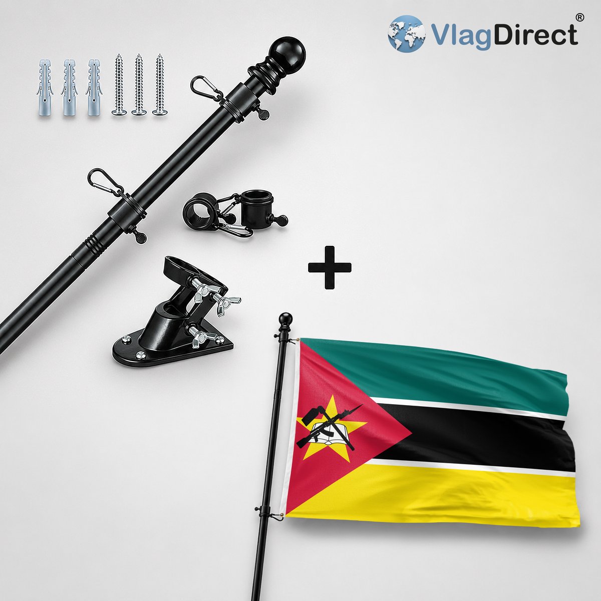 VlagDirect - Compleet vlaggenpakket - Zwarte vlaggenstok inclusief vlaggenstokhouder + Mozambikaanse vlag - Mozambique vlag - 90 x 150 cm