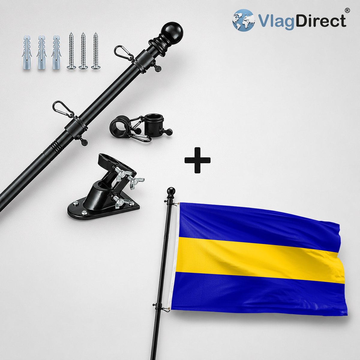 VlagDirect - Compleet vlaggenpakket - Zwarte vlaggenstok inclusief vlaggenstokhouder + Rijswijk vlag - Gemeente Rijswijk vlag - 90 x 150 cm.