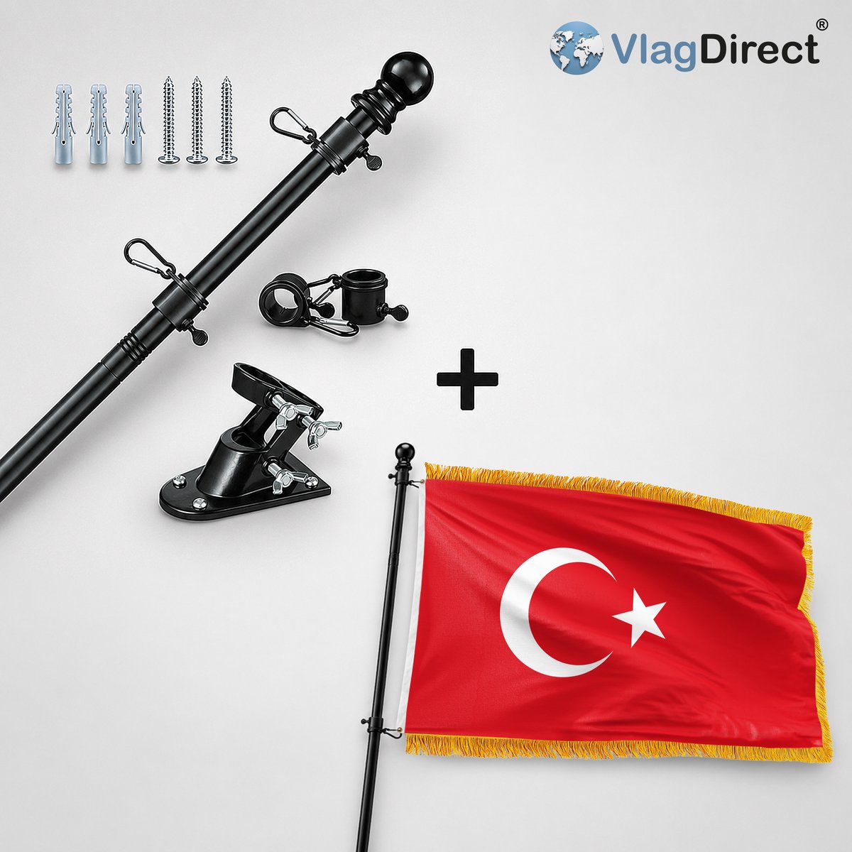 VlagDirect - Compleet vlaggenpakket - Zwarte vlaggenstok inclusief vlaggenstokhouder + Luxe Turkse vlag - Luxe Turkije vlag - 90 x 150 cm - Franjes.