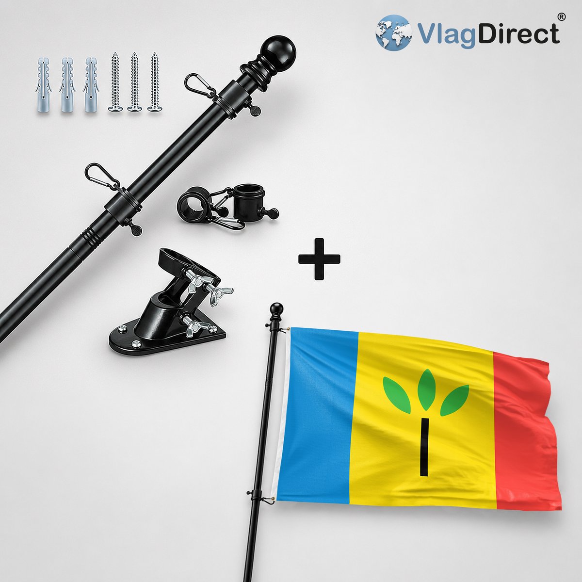 VlagDirect - Compleet vlaggenpakket - Zwarte vlaggenstok inclusief vlaggenstokhouder + Landgraaf vlag - Gemeente Landgraaf vlag - 90 x 150 cm.