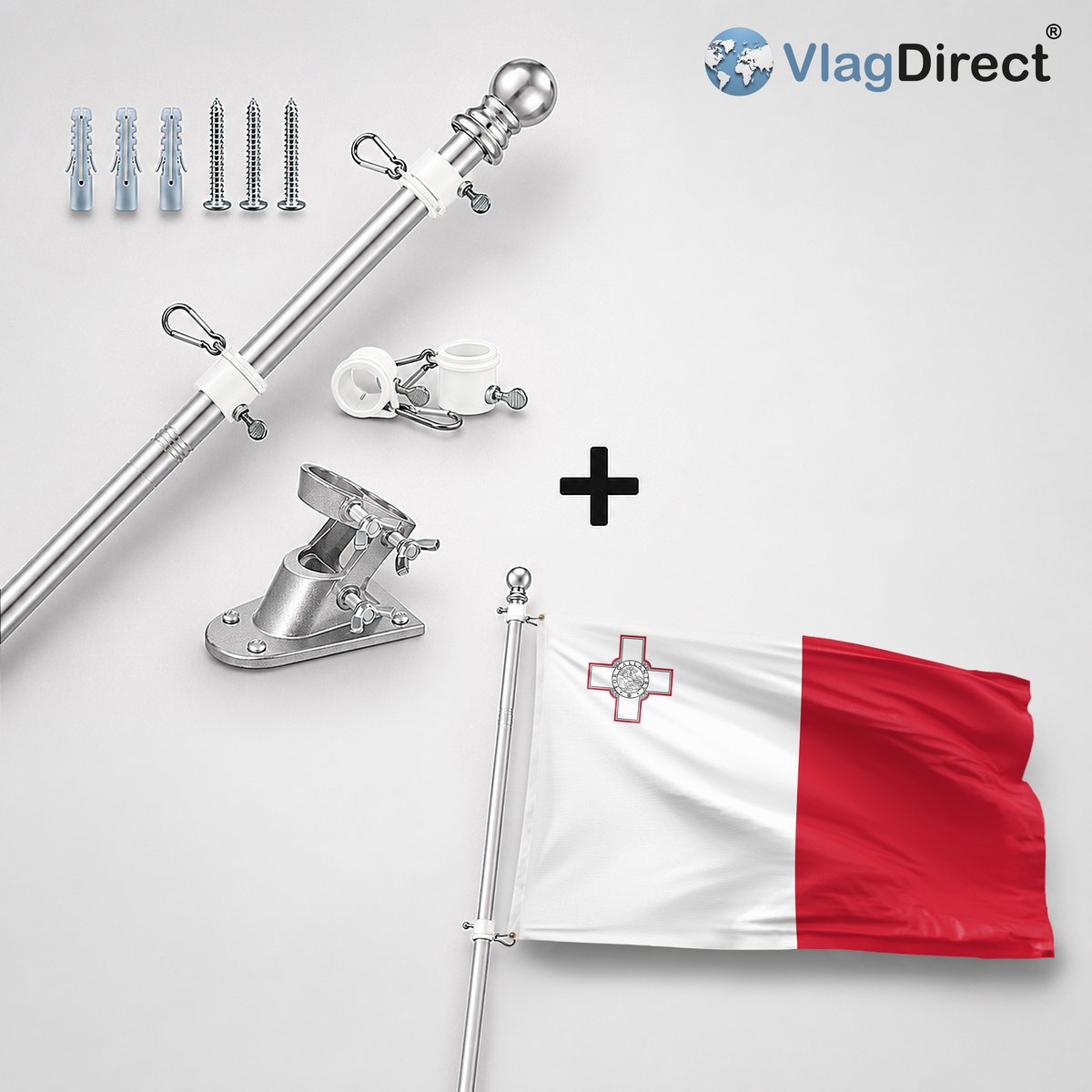 VlagDirect - Compleet vlaggenpakket - Zilveren vlaggenstok inclusief vlaggenstokhouder + Maltese vlag - Malta vlag - 90 x 150 cm.
