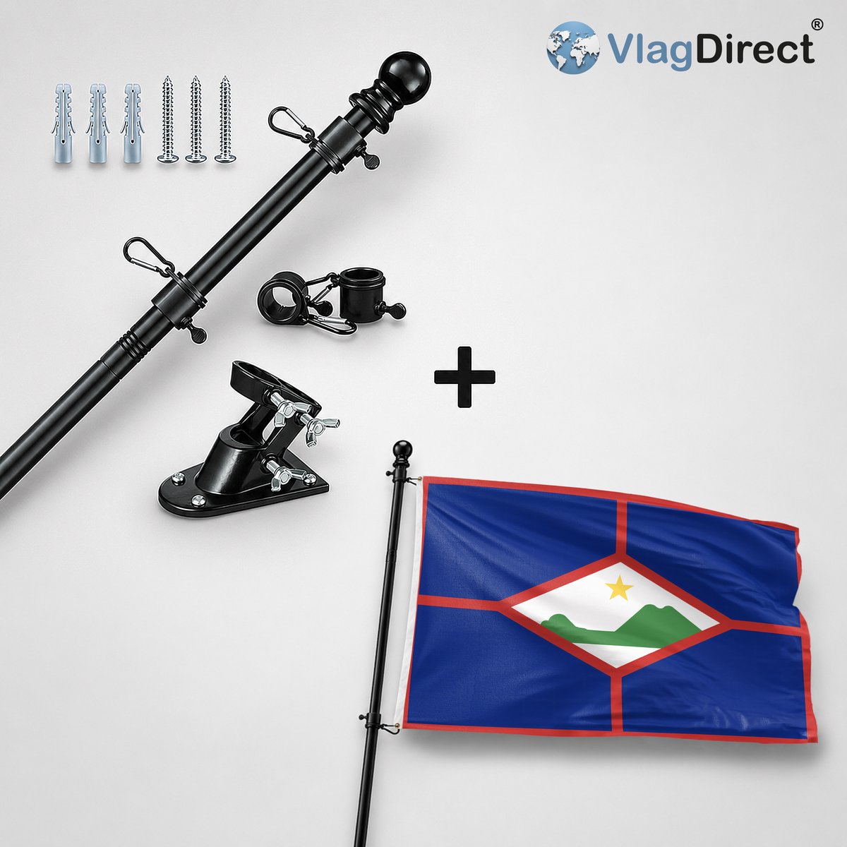 VlagDirect - Compleet vlaggenpakket - Zwarte vlaggenstok inclusief vlaggenstokhouder + Statiaanse vlag - Sint-Eustatius vlag - 90 x 150 cm.