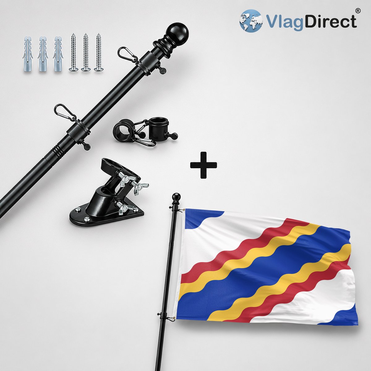 VlagDirect - Compleet vlaggenpakket - Zwarte vlaggenstok inclusief vlaggenstokhouder + Ten Boer vlag - Gemeente Ten Boer vlag - 90 x 150 cm.