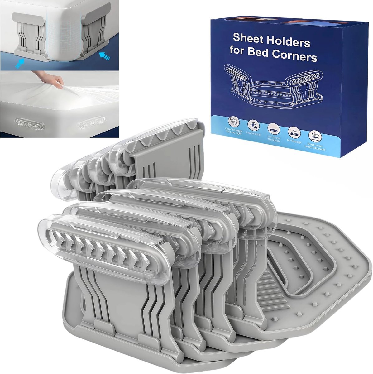 4 stuks inklapbare hoeshouders - antislip bevestiging voor strakke lakens. (grijs) - ShopVlot