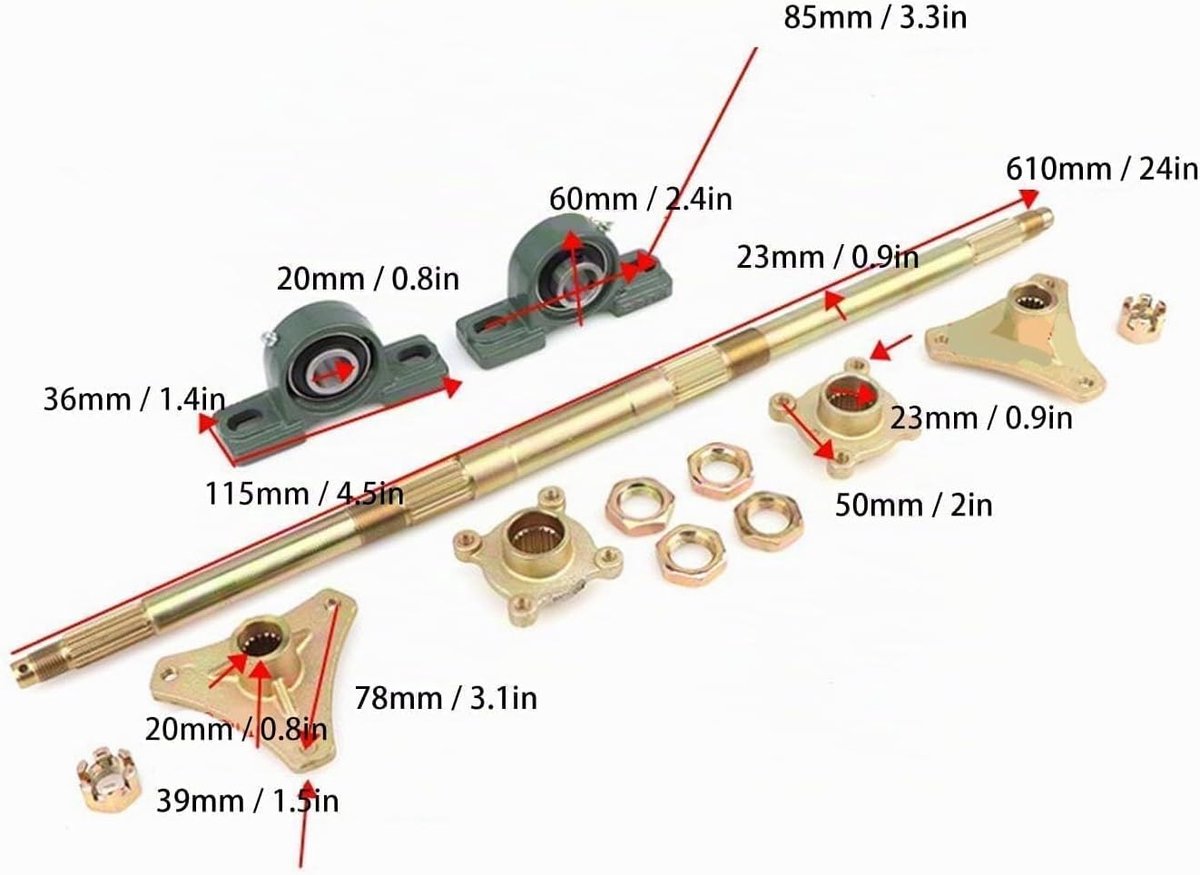 Go Kart Rear Axle Set, 24 Inch Rear Axle Set Metal Anti-Impact Hubs Fastener Fixings Flange Set for ATVs Quads Drift - ShopVlot