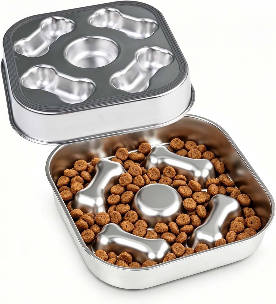 Anti-schrok voerbak - Honden voerbak - Langzamer eten - Twee-in-één ontwerp - 25 cm diameter - Zilver
