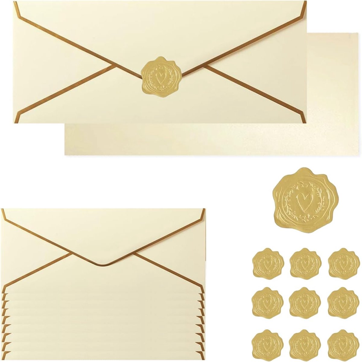 Uitnodigingen Enveloppen 10 Stuks - V-Flap Beige - Gouden Stickers - Perfect voor Zakelijk Gebruik - ShopVlot
