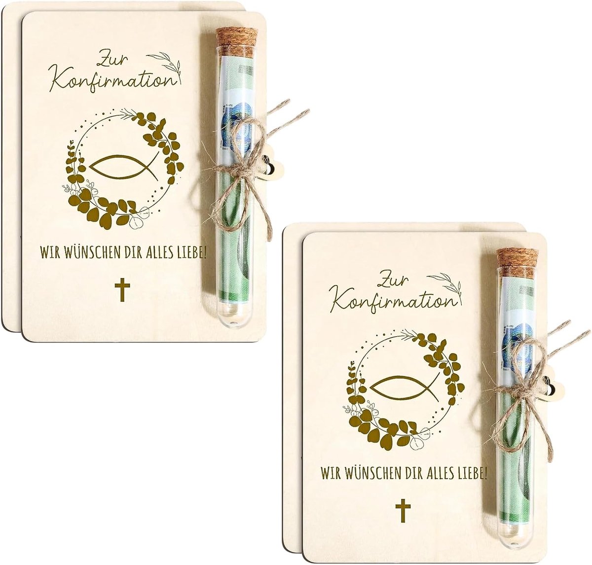 Geldgeschenk bevestiging 2 stuks - reageerbuis met houten kaart - symbolisch cadeau - voor meisjes en jongens - ShopVlot