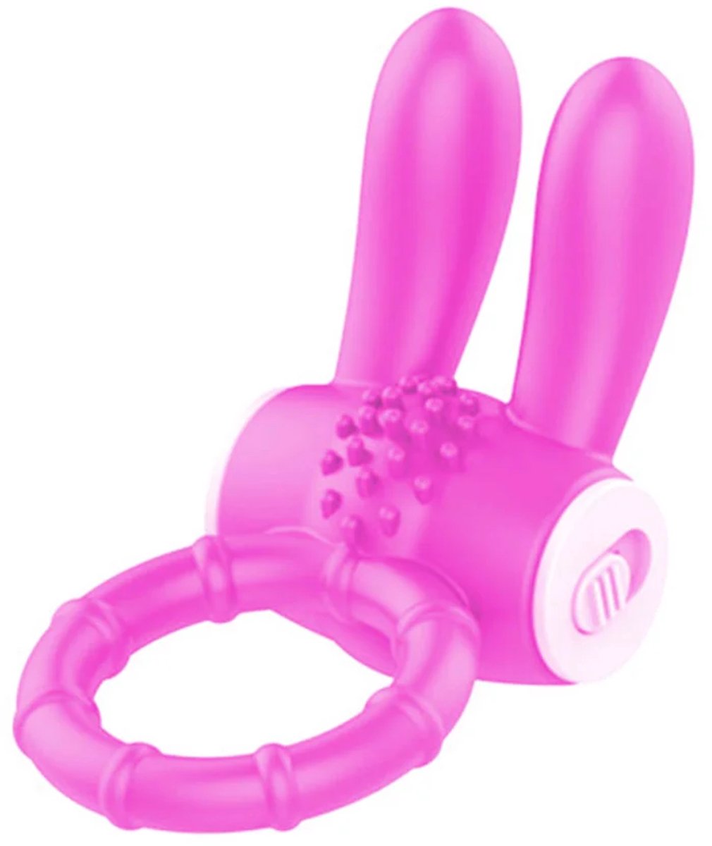 Paarse elastische penis ring met konijnoren en vibratiefunctie standaard maat