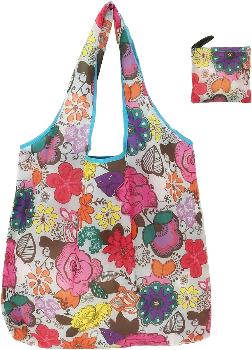 Opvouwbare boodschappentas 10 kg - blauw bloemenpatroon - waterdichte canvas - herbruikbaar en wasbaar - ShopVlot