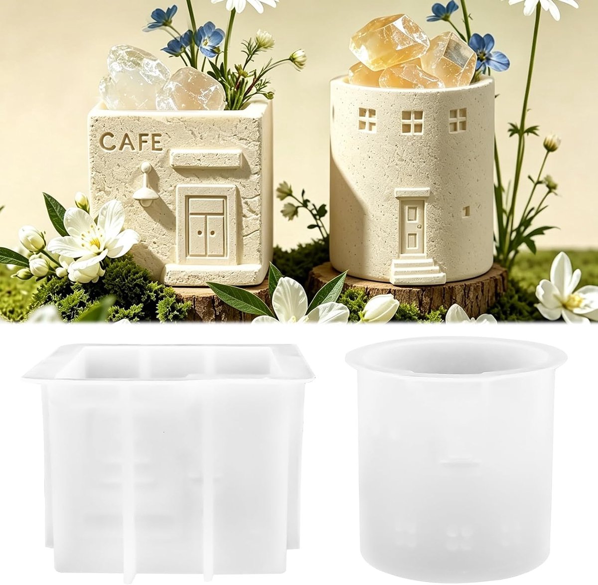 Siliconen gietvormen 2 stuks - 3D huisvormen - café en kasteel - voor succulente plantenbak of kaarsenhouder - ShopVlot