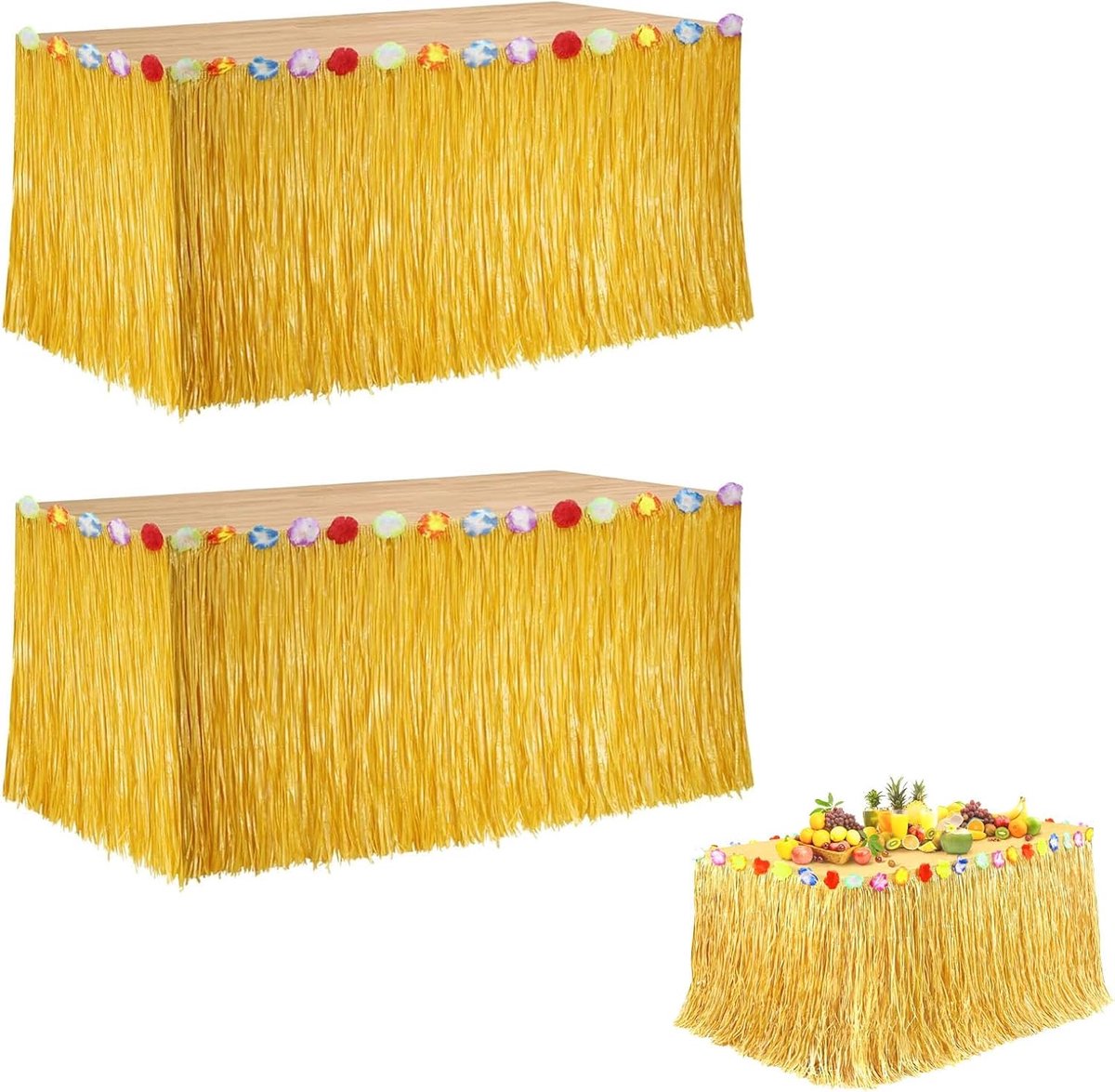 Hawaiiaanse tafelrok set 2 stuks 276x75 cm - gras look - met tape en ringen - perfecte decoratie voor themafeesten - ShopVlot