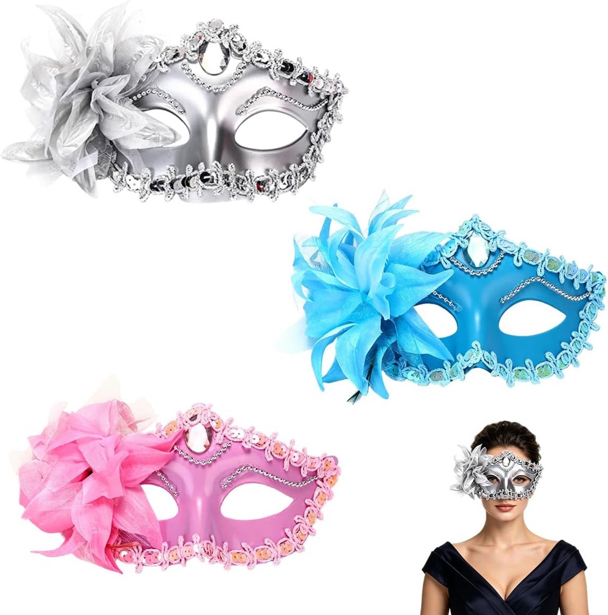 Set van 3 Venetiaanse maskers - pastel zilver blauw roze - bloemen en kant - voor bruiloften en carnaval - ShopVlot