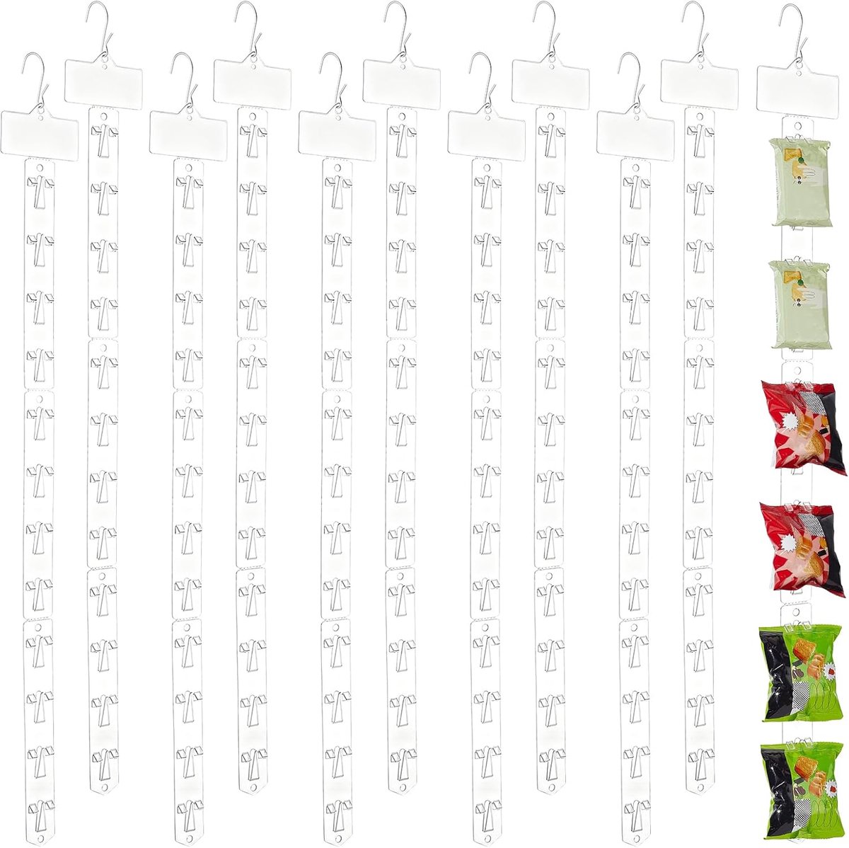 50 stuks kunststof ophangstrips met 50 stuks S-haakclips 67 cm chipzakhouder 12 stations kunststof display strips - ShopVlot