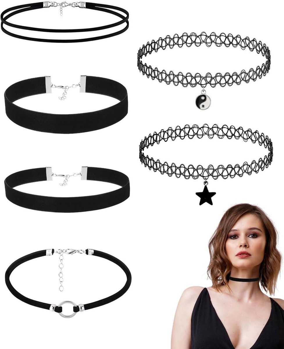 Choker kettingen set 6 stuks - zwarte fluwelen halsbanden - verstelbaar - stijlvol accessoire voor feestjes - ShopVlot