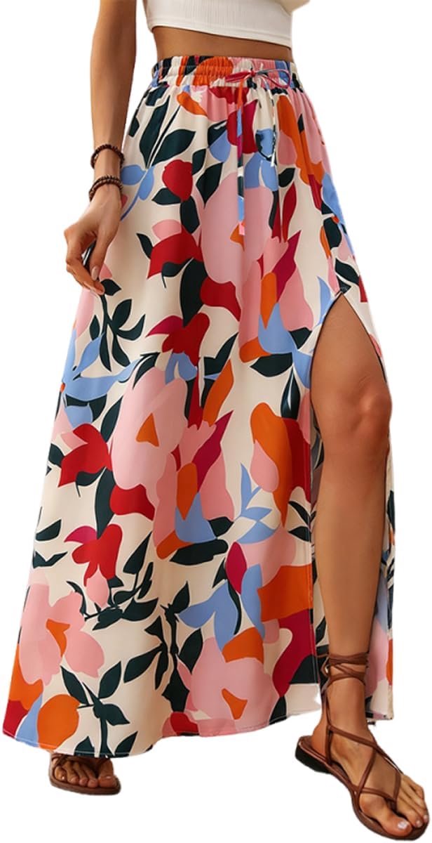 ABINGOO Lady Skirt Long Summer Skirt A-Line Maxi Skirt Elastic High Waist Side Slit Floral Print Casual Boho Beach - ShopVlot