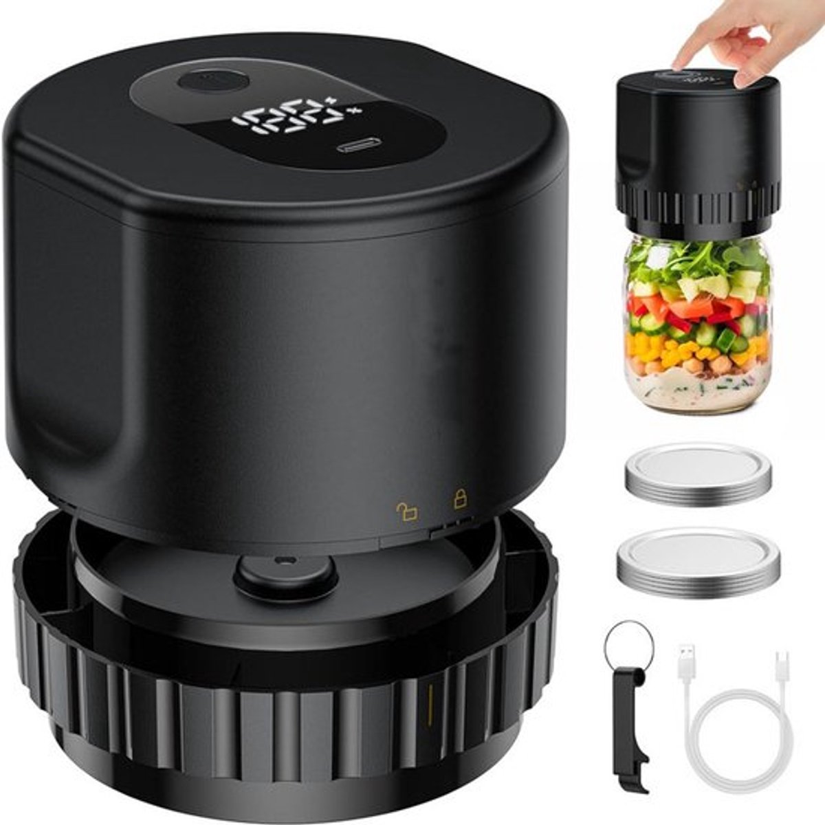 Vacumeermachine - Vacuümverzegelingsmachine - 10,4 × 10,4 × 9,4 cm - Elektrische vacuümpomp - LED-digitaal display - lekvrije afdichting - USB-interface - Handmatige stop of automatische stop na 60 seconden