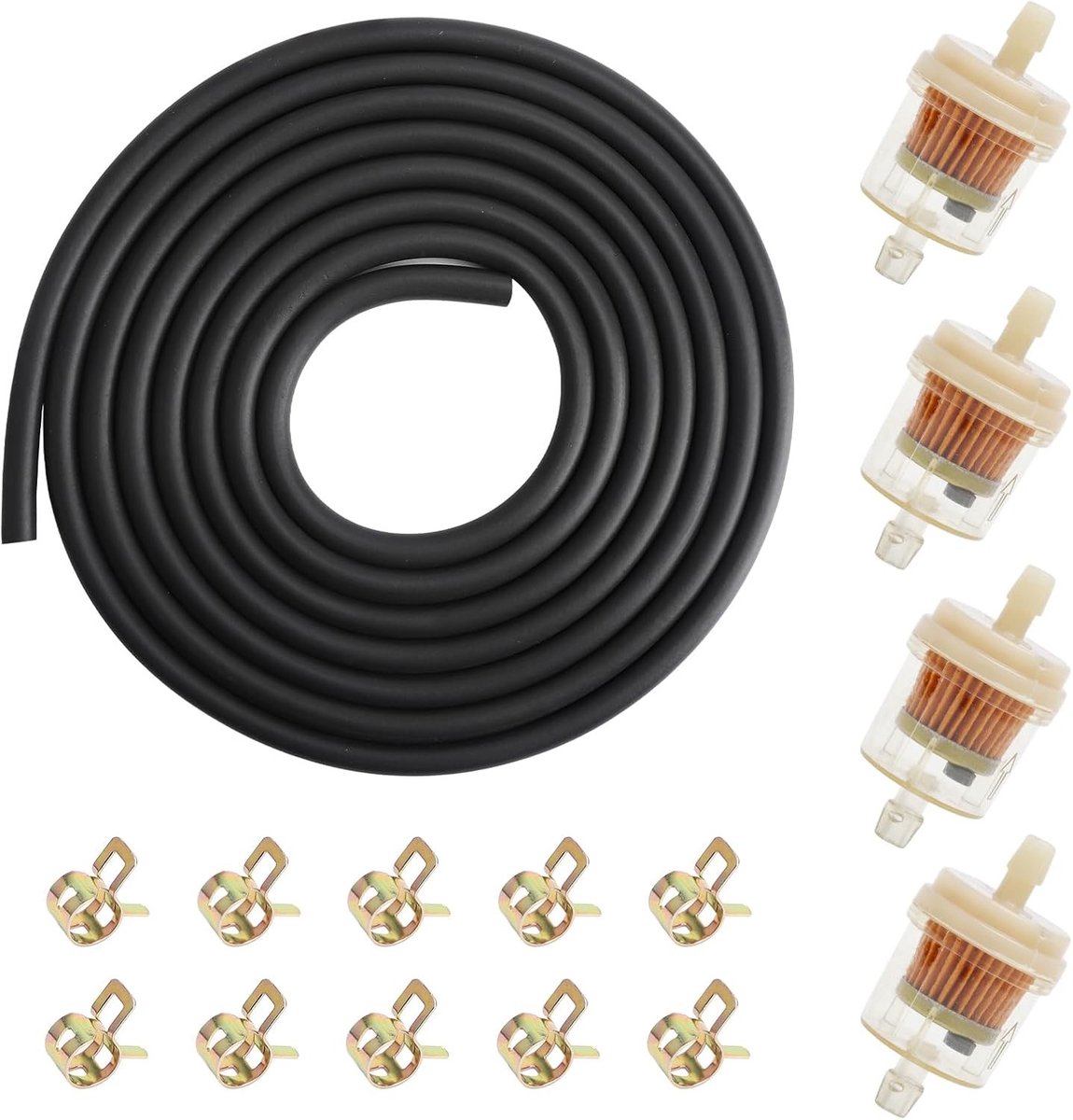Brandstoffilter met 4 vervangfilters en 10 slangklemmen voor motoren, scooters en grasmaaiers