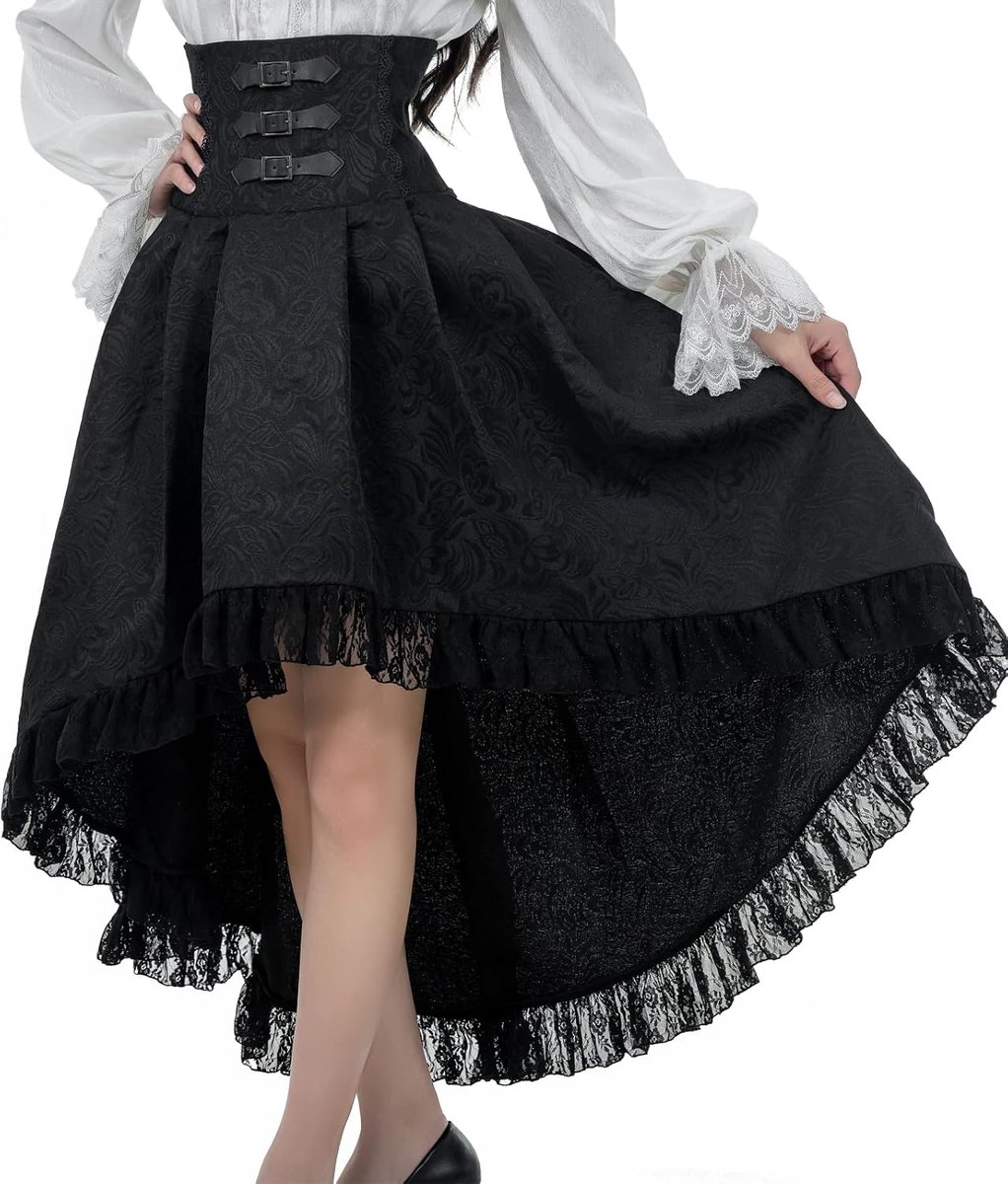 Fiamll Gothic Steampunk Skirt Victorian High Waist Ruffle Pirate Skirt, Black, M, Black - ShopVlot
