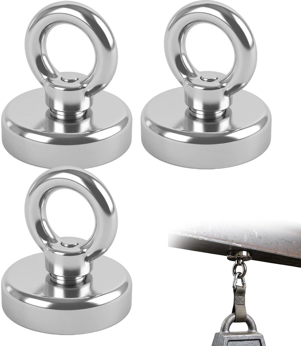 Pack of 3 neodymium magnets with eyelets, diameter 25 mm, pull force 20 kg, strong magnet made of steel housing for - ShopVlot