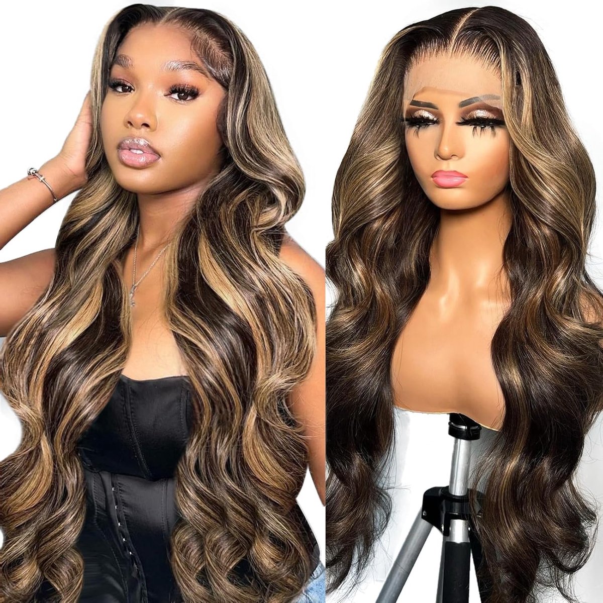 Highlight 2/27 13x4 Lace Front Wig Human Hair for Women, Natural Brazilian Real Hair, 150% Density, Highlight, Shade - ShopVlot