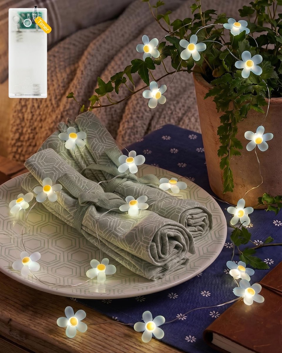 Led-lichtsnoer met bloemen, 20 leds, 2 m, warmwit, werkt op batterijen met timer, madeliefjes, lichtketting voor tuin - ShopVlot