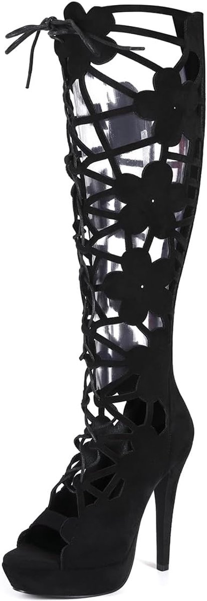 Feinlina Women's Open Lace Knee High Platform Lace-Up Stiletto Heel for Parties Weddings - ShopVlot