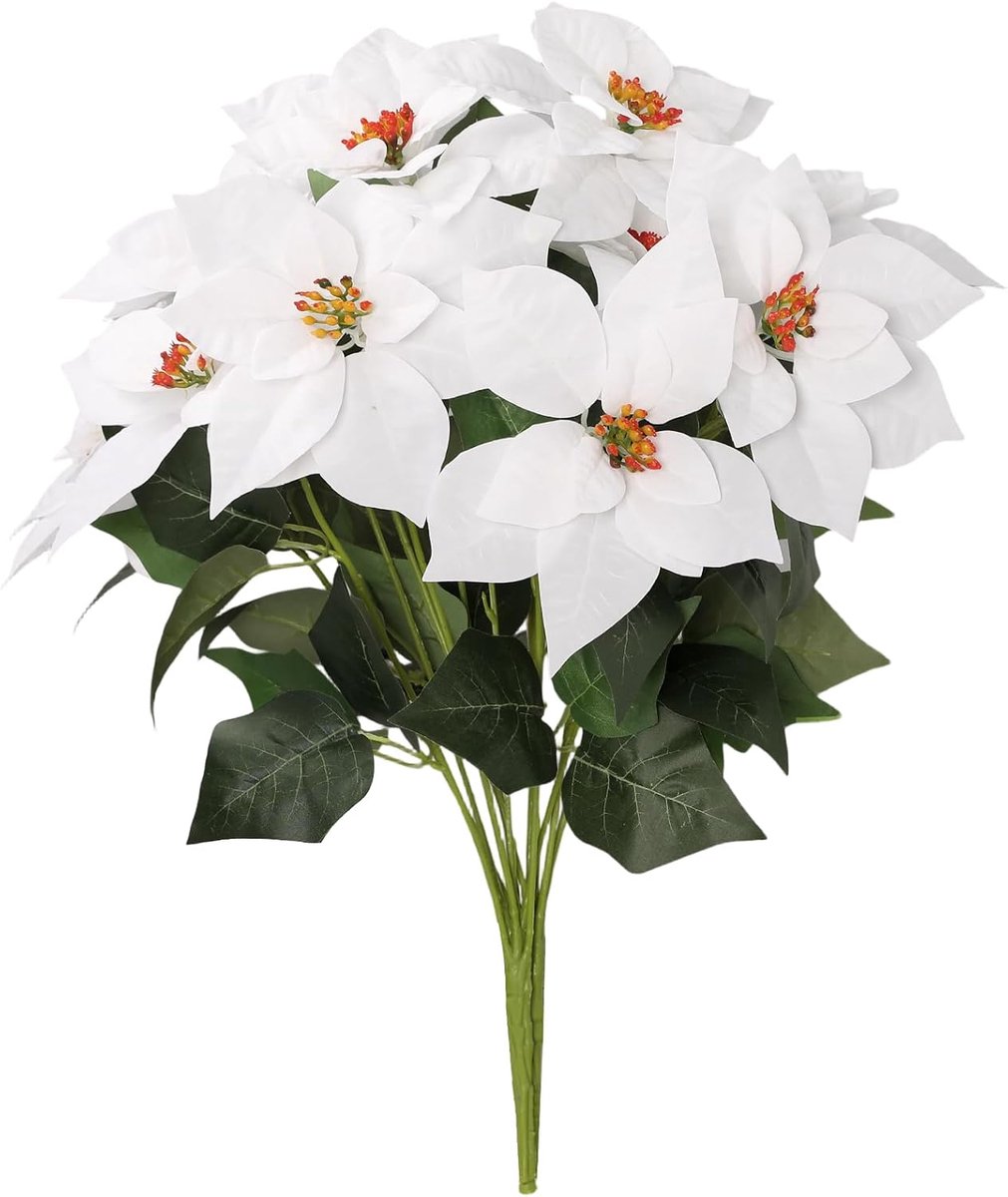 2pcs Artificial Poinsettia Shrubs 7 Heads Silk White Poinsettia Bushes for Christmas Tree, Xmas Garland, Vase, Window - ShopVlot