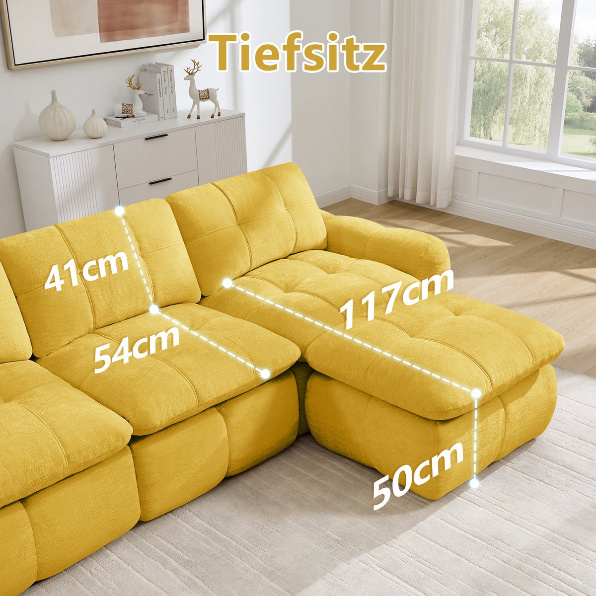 OKWISH U-Bank 264 x 160 x 68 cm - 3-Zits Modulaire Bank Zonder Montage Met 2 Ottomanen - Chenille - Woonkamer Of Appartement - Geel