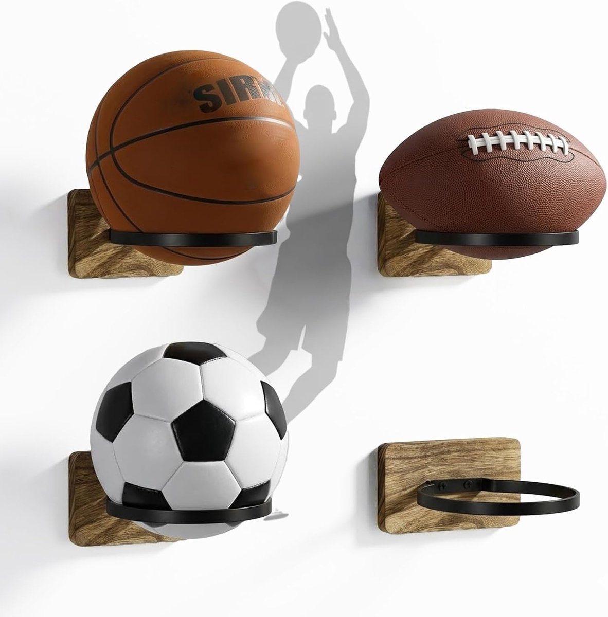 Ballhouder voor aan de muur - Set van 4 - Houten bevestiging - Ruimtebesparend voor sportballen - ShopVlot
