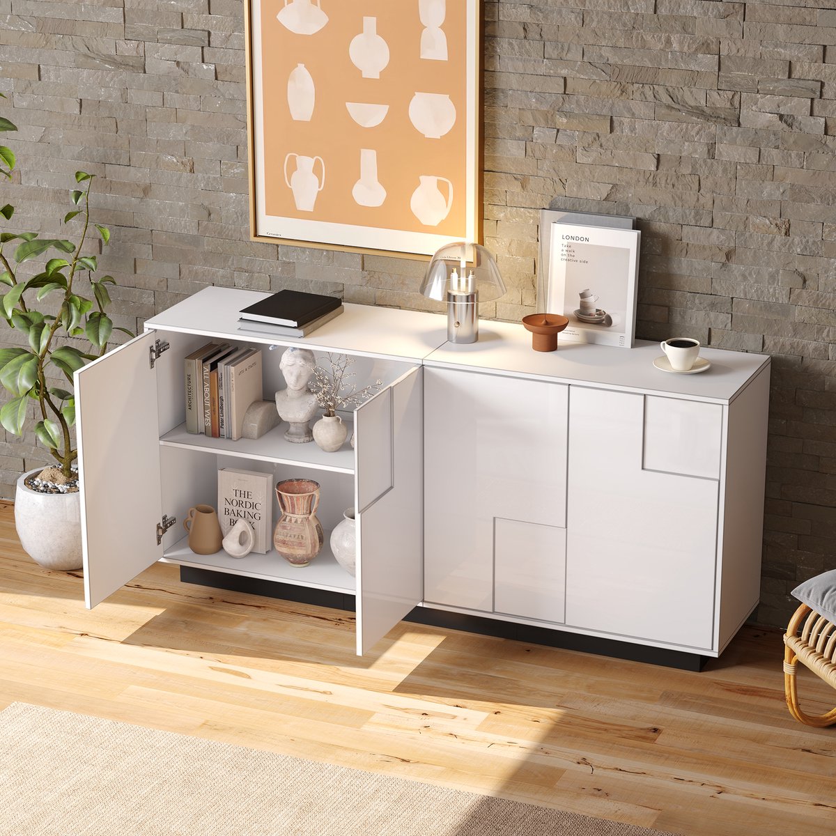 DESMIU Dressoir - Hoogglans Met Geometrische Deuren En Push To Open - Voor Woonkamer En Interieur - Spaanplaat - Wit Zwart - 160x37x75,5 Cm
