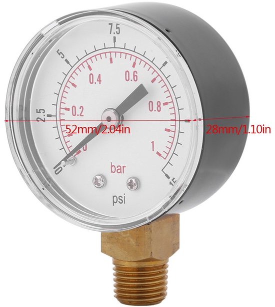 Mini waterdrukmeter 0-15 psi - messing, zijmontage - dubbele schaal - nauwkeurige drukmeting voor vloeistoffen - ShopVlot — afbeelding 3
