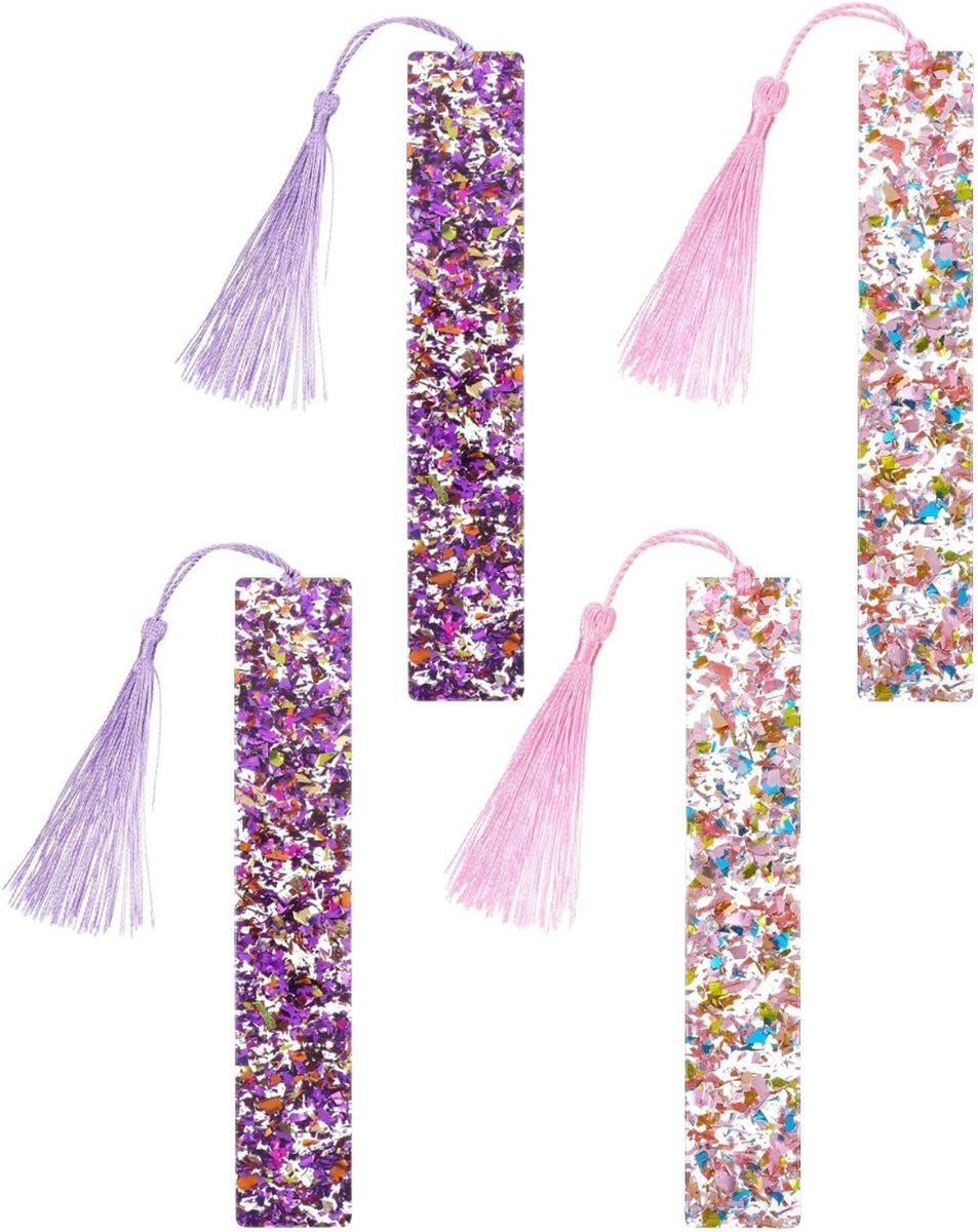 Boekenleggers glitterpoeder 4 stuks - kristalhars - paars en roze - cadeau voor boekenliefhebbers - ShopVlot