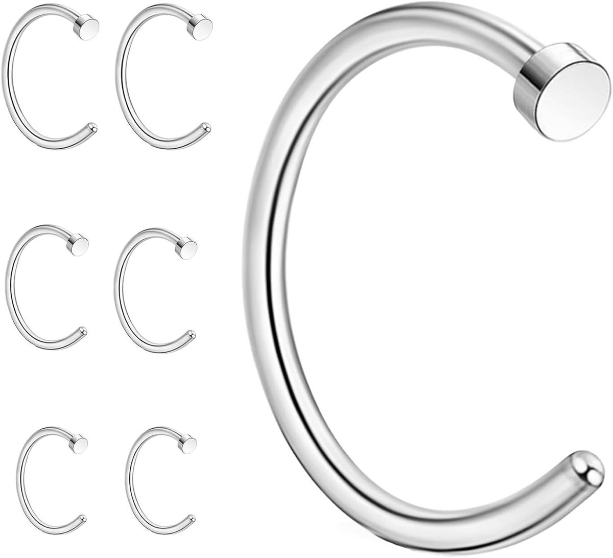 SnelShoppen - Set van 6 Neppiercings, Neuspiercing en Septum-Ring van Roestvrij Staal, Hypoallergeen, 6 mm/8 mm/10 mm, Dun en Klein, Zilver voor Feest
