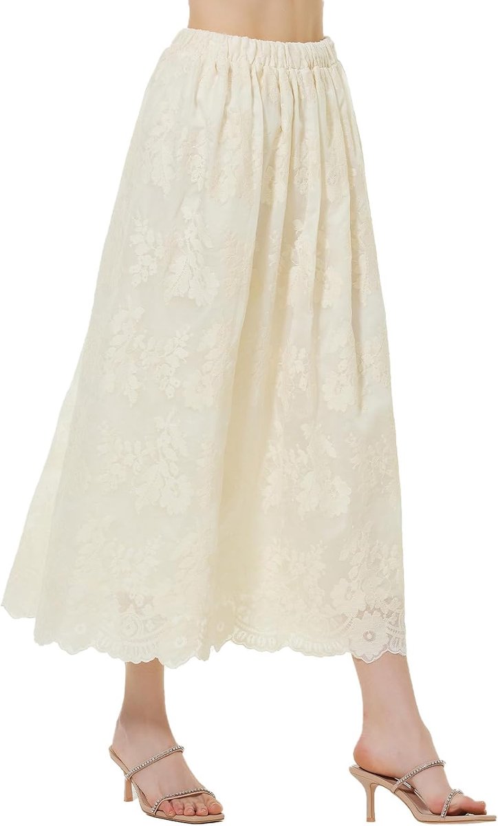 BEAUTELICATE Boho Lace Embroidery Skirt for Women Flowy Swing Midi Long Skirt with Pockets and Lining (Cream,M) - ShopVlot