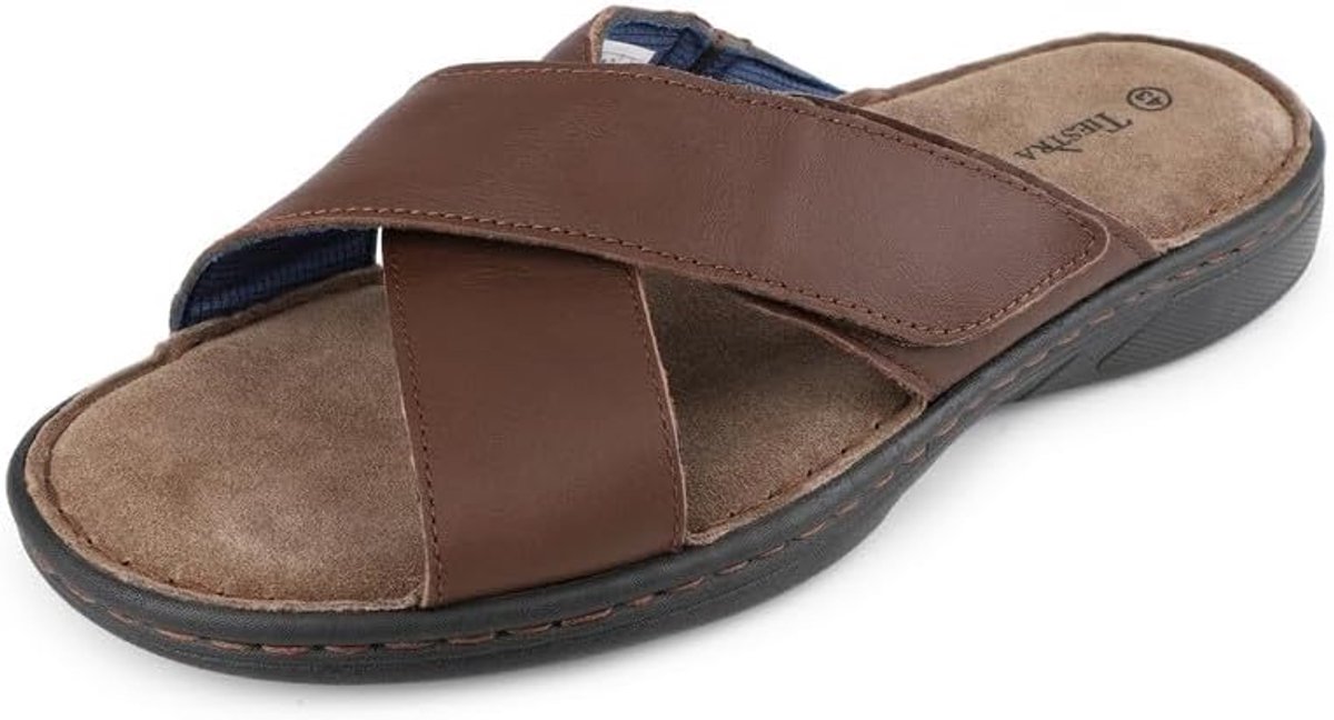 TIESTRA Men's Leather Sandals Velcro Open Toe Soft Summer Leisure Non-Slip Rubber Sole Sea Beach Outdoor Brown Size - ShopVlot