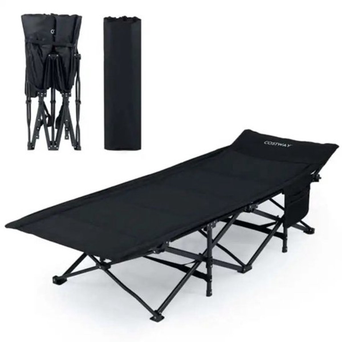 Opvouwbaar kampeerbed voor volwassenen, campingbed met 10-punts steunsysteem, zijvak & draagtas, zwart
