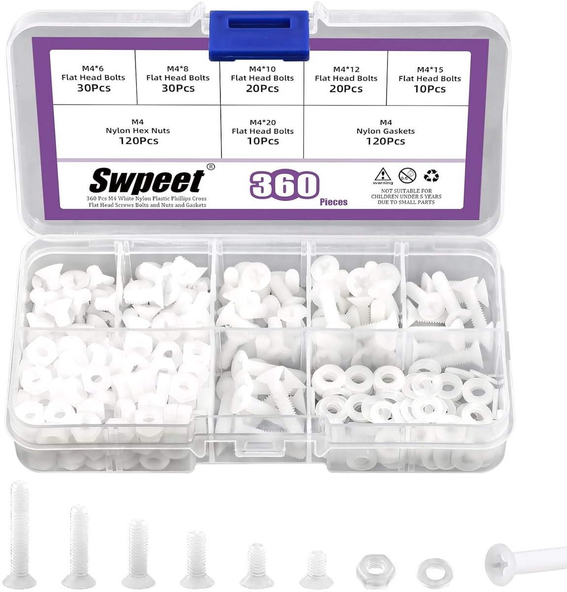 M4 schroeven set 360 stuks - witte nylon - vlakke kop - ideaal voor verschillende toepassingen - ShopVlot