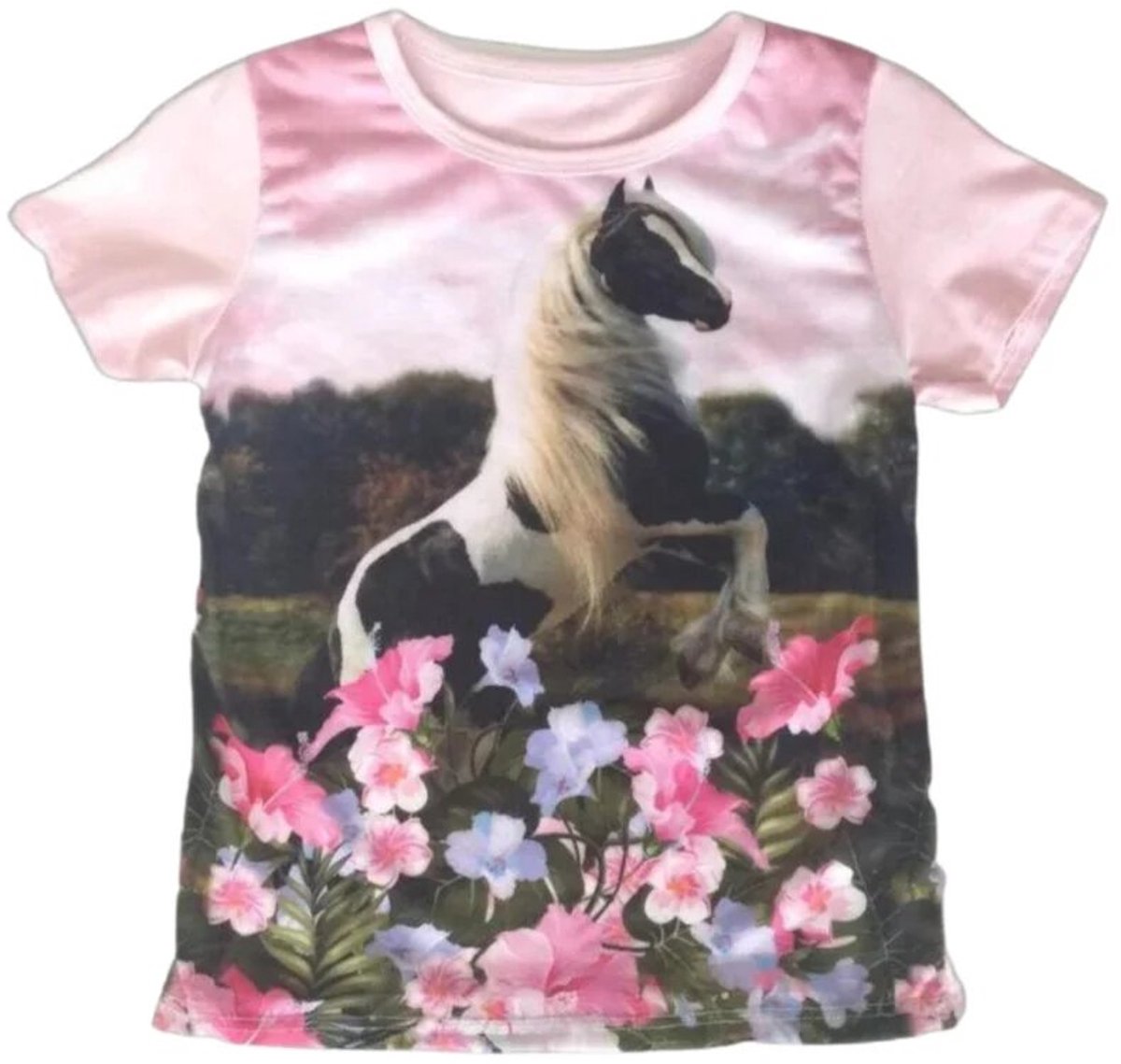 Kinder shirt met paard en bloemen - Roze - 86/92