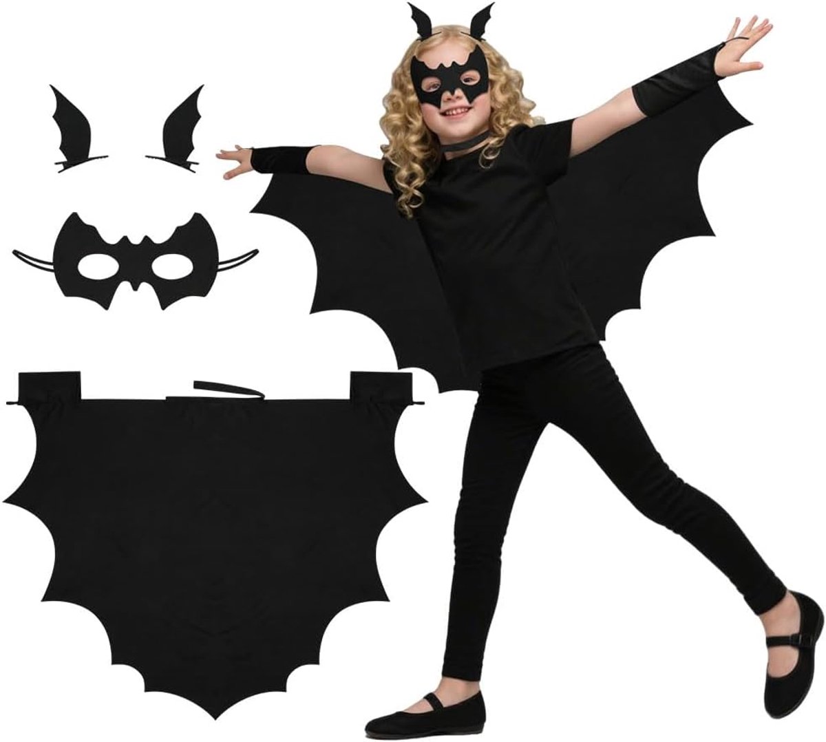 Kindercostuum vleermuis 4-delig - Halloween kostuum met masker en haarspelden - Vampiercape voor feesten - ShopVlot