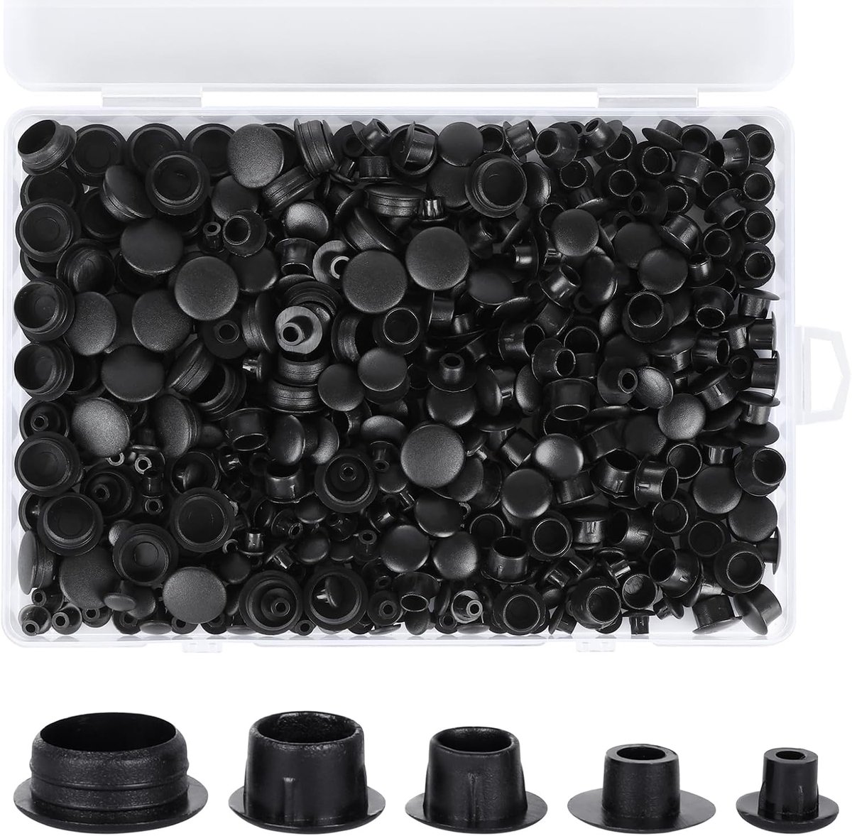 Boorgaten dekkappen 5/6/8/10/12mm - Zwarte plastic doppen - Inclusief opbergdoos - Ideaal voor meubels - ShopVlot