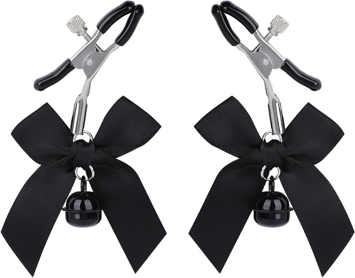 Adjustable Metal Nipple Clamps with Bells – Decorative Chest Clamps with Bowknot, Adjustable Pressure, BDSM Bondage - ShopVlot
