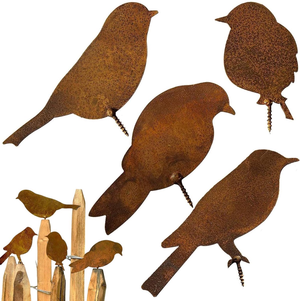 Vogeltuinstekers 4 stuks - Roestig metaal - Boomdecoratie - Voor unieke tuindecoratie - ShopVlot